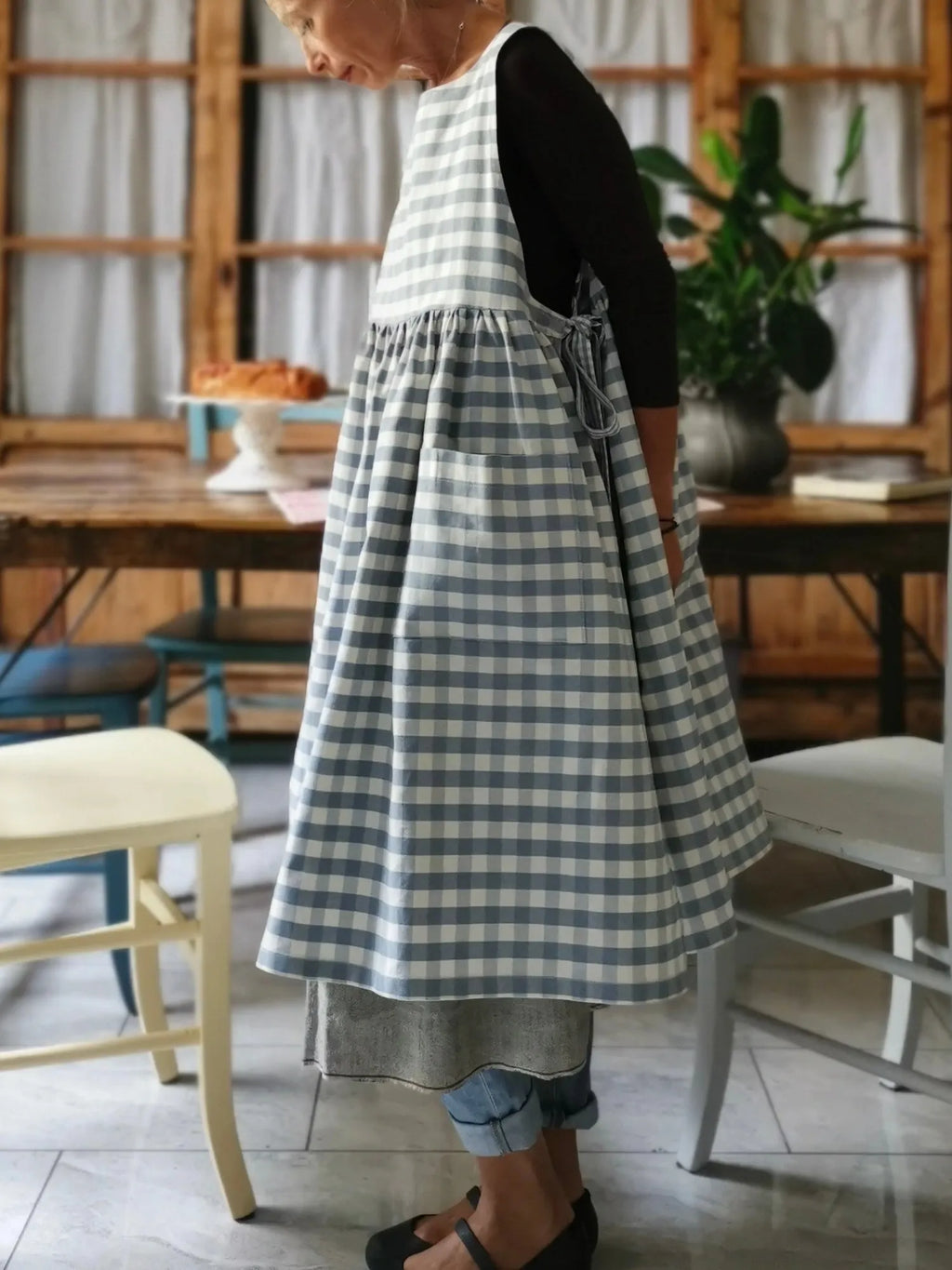 Light Blue Check Cotton Kitchen Apron