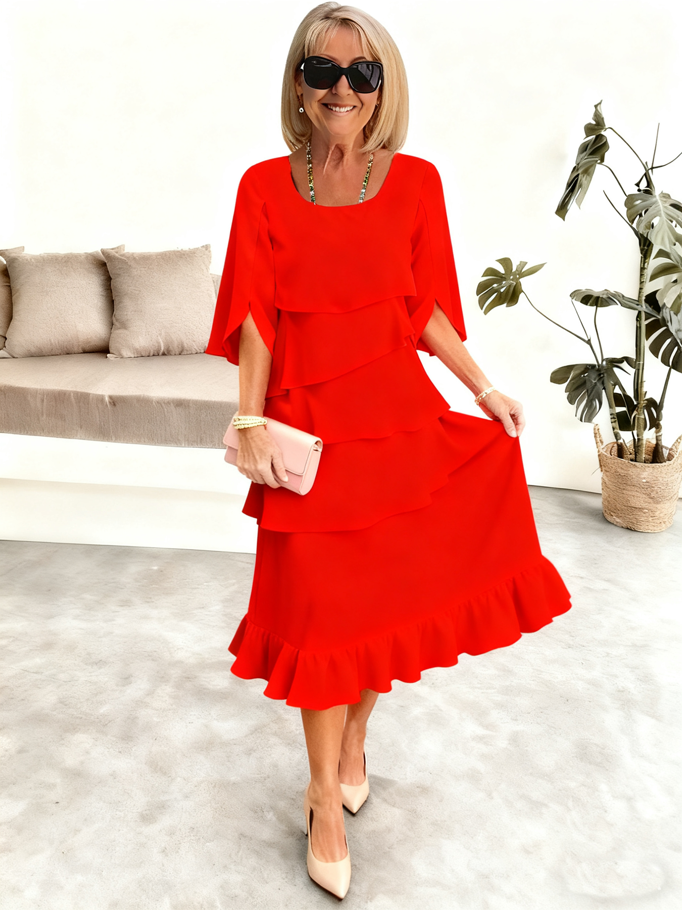 (Length end to the knee)Black Dress Style Fashion Solid Color Round Neck Cake Skirt Splicing Dress Women's Clothing