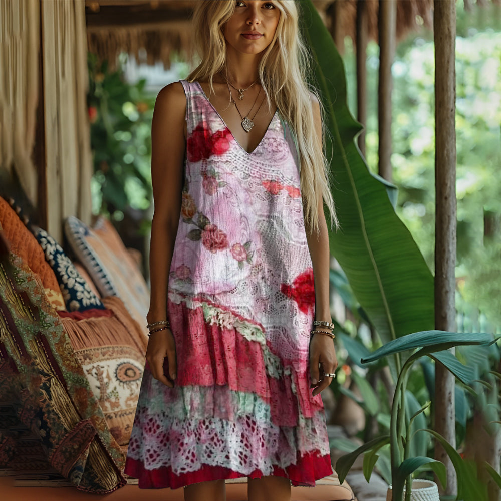 Lace Floral Vintage Art Women's Linen Vest Dress