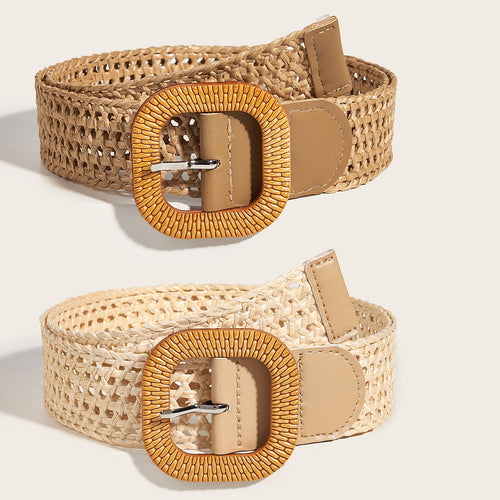 2pcs/set Hollow Out Straw Belts Boho Vintage Imitation Wooden Buckle Belts Classic Dress Coat Girdle For Women