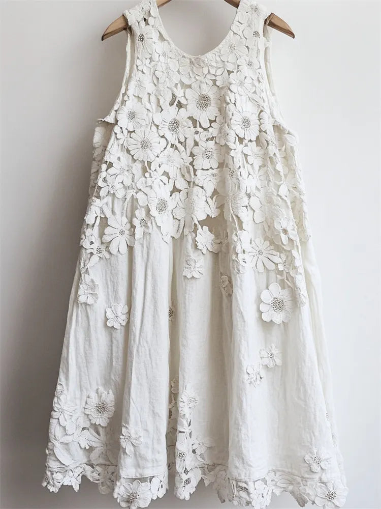 Classy 3d Floral Hollow Lace Patchwork Linen Tank Dress