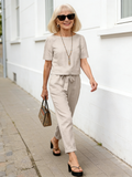 2Pcs Summer Fashion Solid Color Short-Sleeved Trousers Two-Piece Suit (Including Belt)