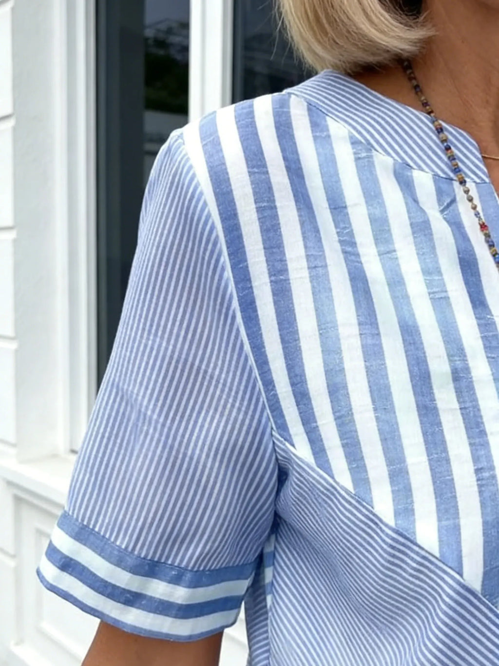 Women Blouse Casual Striped Short Sleeve Notched Regular Loose Shirt