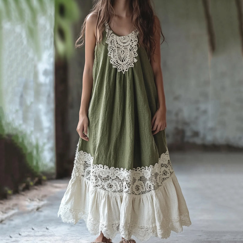 Vintage Vintage Embroidered Lace Patchwork Art Maxi Dress