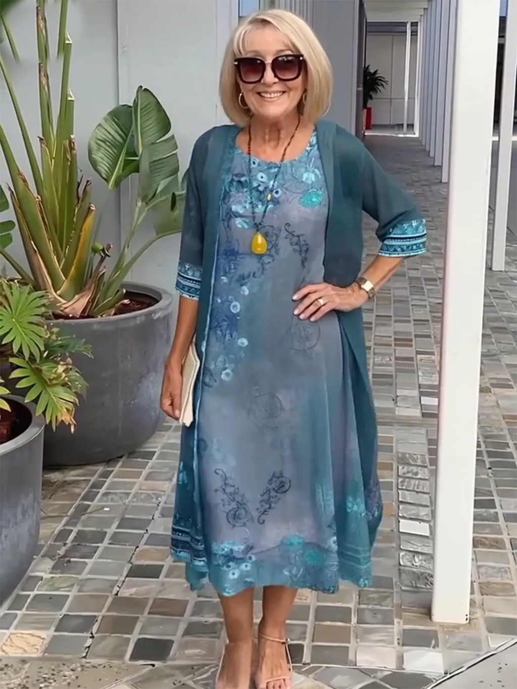 3/4 Sleeve Printing Coat & Dress Two-Piece Suit