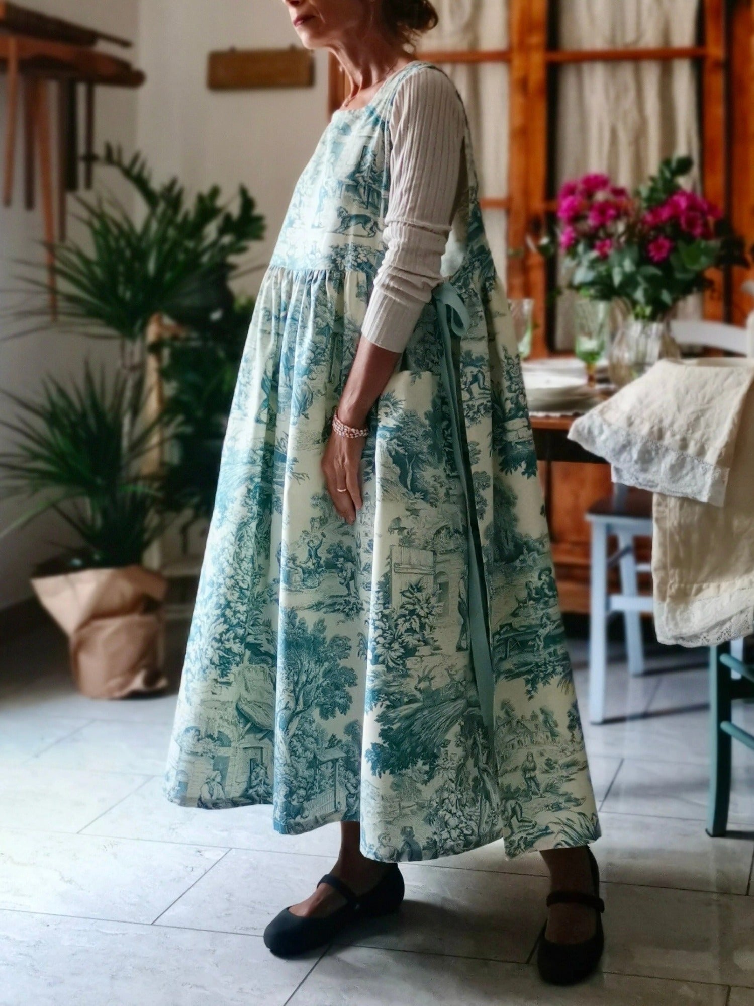 Vintage Teal Blue Toile de Jouy Long Apron