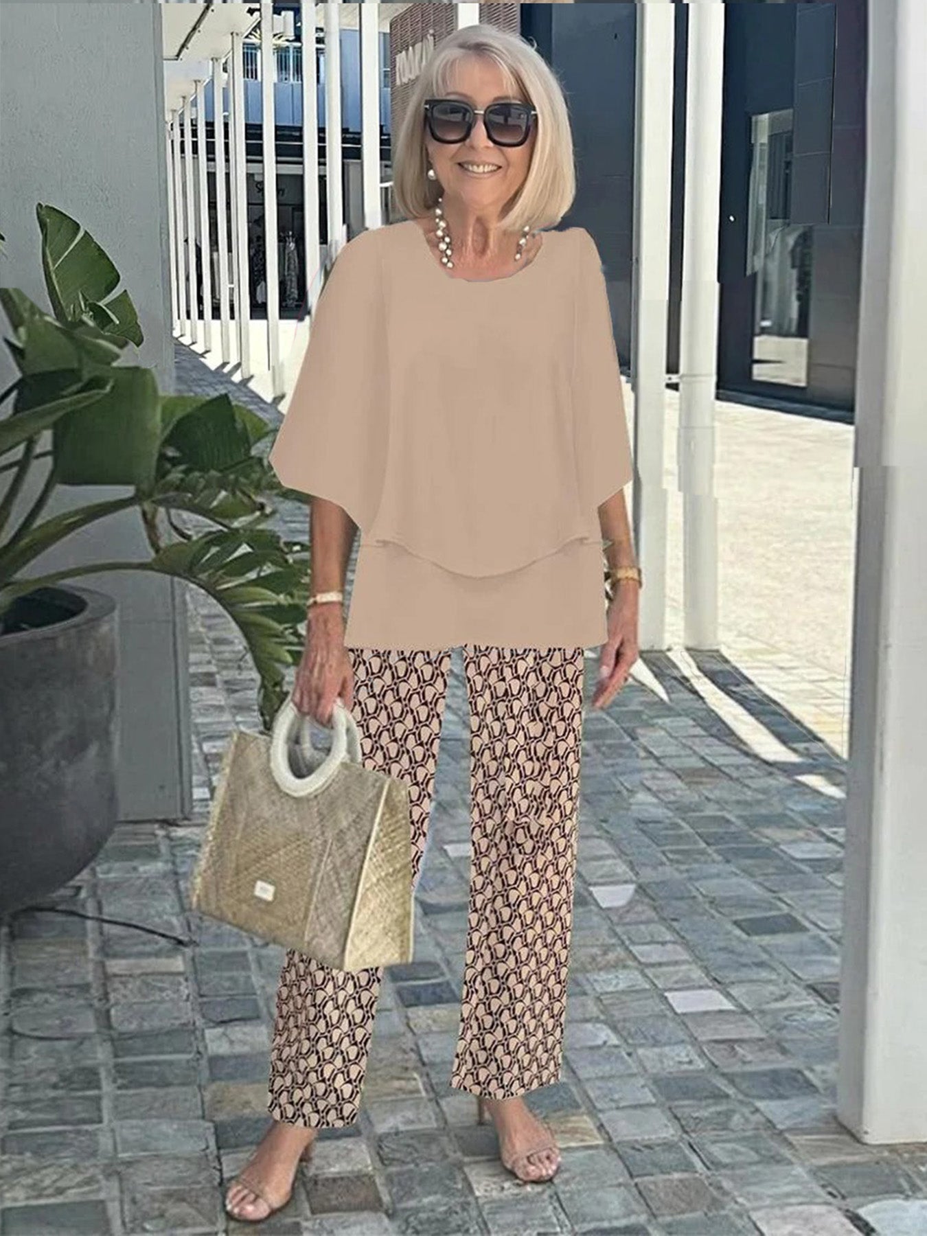 Casual Crew Neck Medium Sleeve Top Printed Floral Pants Set Two-piece Set
