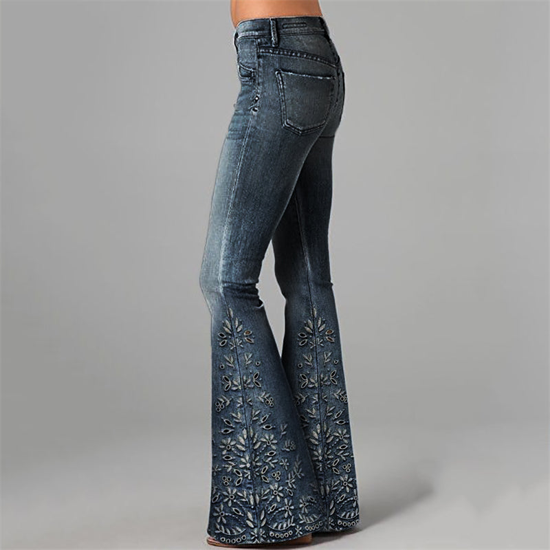 Boho Floral Hollow Embroidered Washed Flare Jeans
