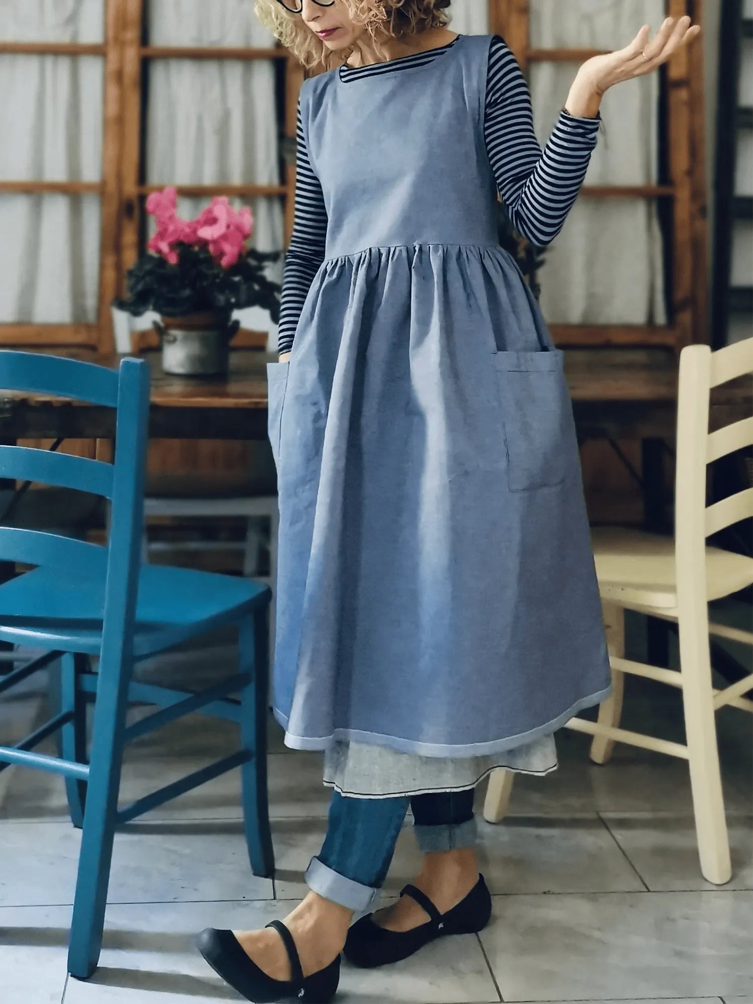 Blue Linen and Cotton Kitchen Apron