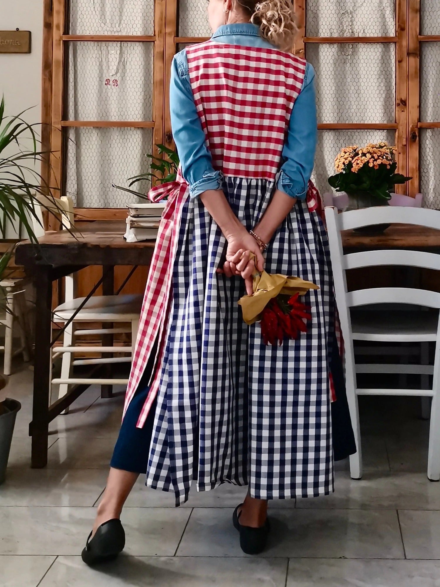 Patchwork Apron with Blue and Red Checks