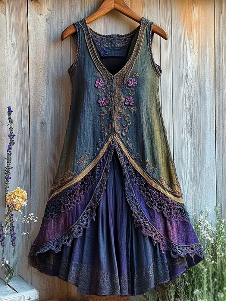 Vintage Purple Floral Lace Gradient Art Comfy Tank Dress