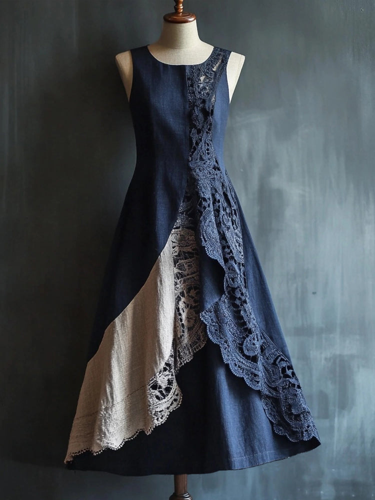 Elegant Lace Patchwork Linen Tank Maxi Dress
