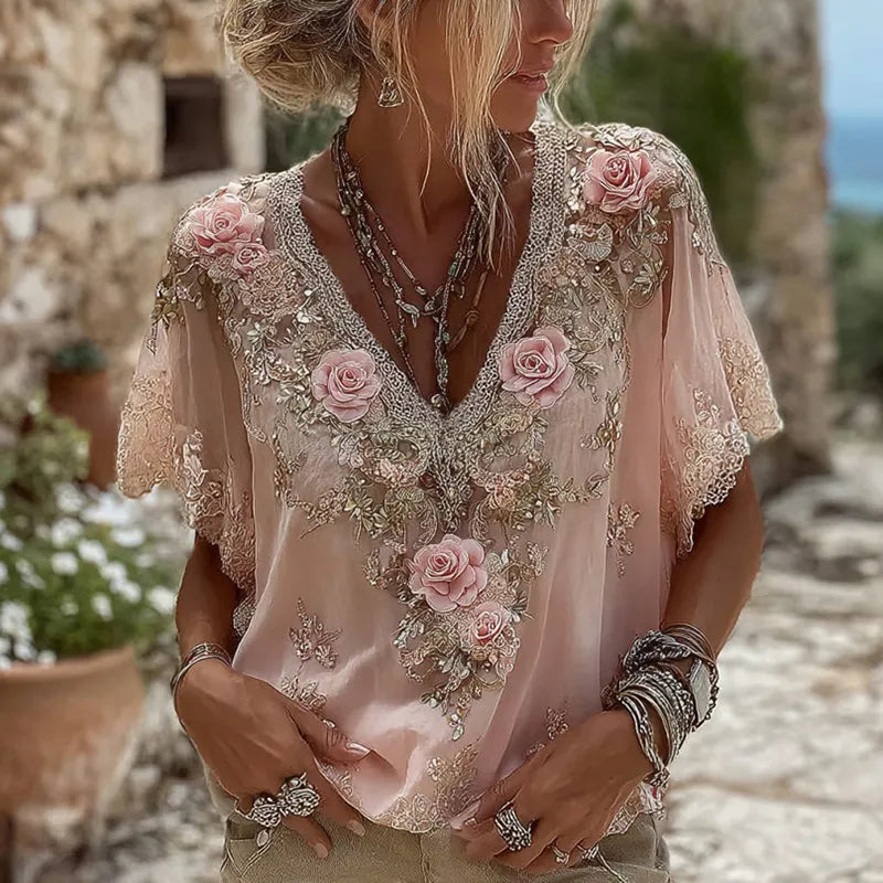 Women's Pink Roses Embroidered Art V-neck Short Sleeve Linen Blend T-shirt