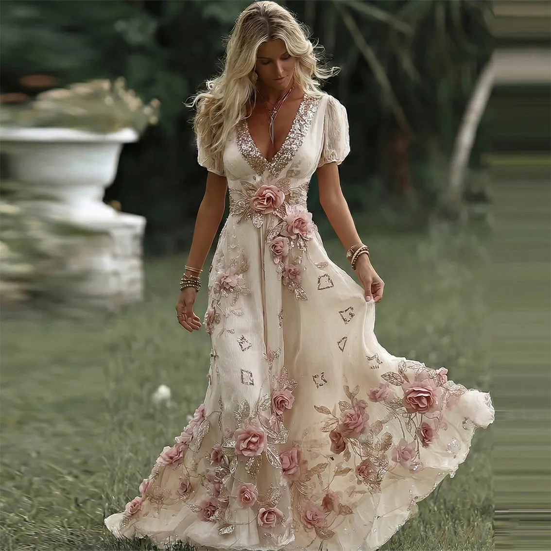 Women's Vintage Pink Rose Embroidered Art Pattern V-neck Short Sleeve Midi Dress