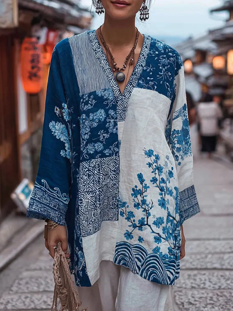 Vintage Japanese Traditional Sashiko Floral Patchwork Art Print Linen Tops