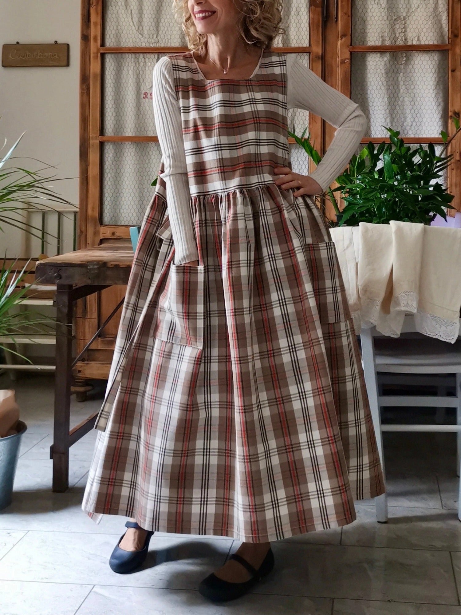 Brown Tartan Cotton Apron