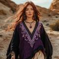 Boho Lavender Floral Embroidery Print Cotton And Linen Blend Loose Blouse