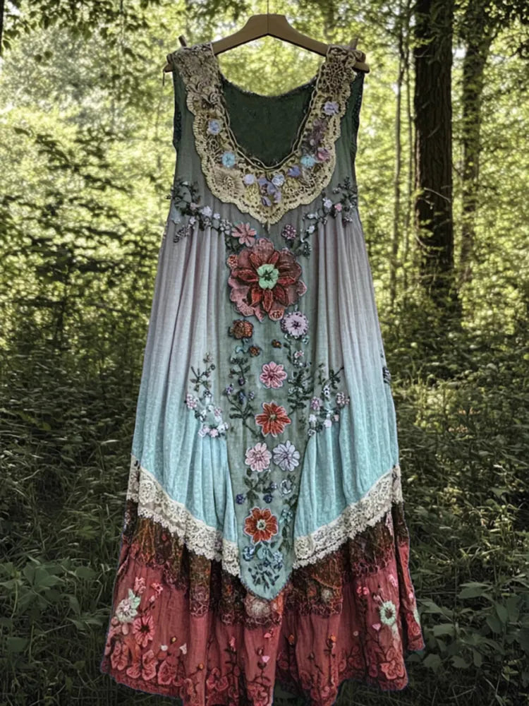 Vintage Boho Lavender Art Linen Patchwork Art Linen Tank Dress
