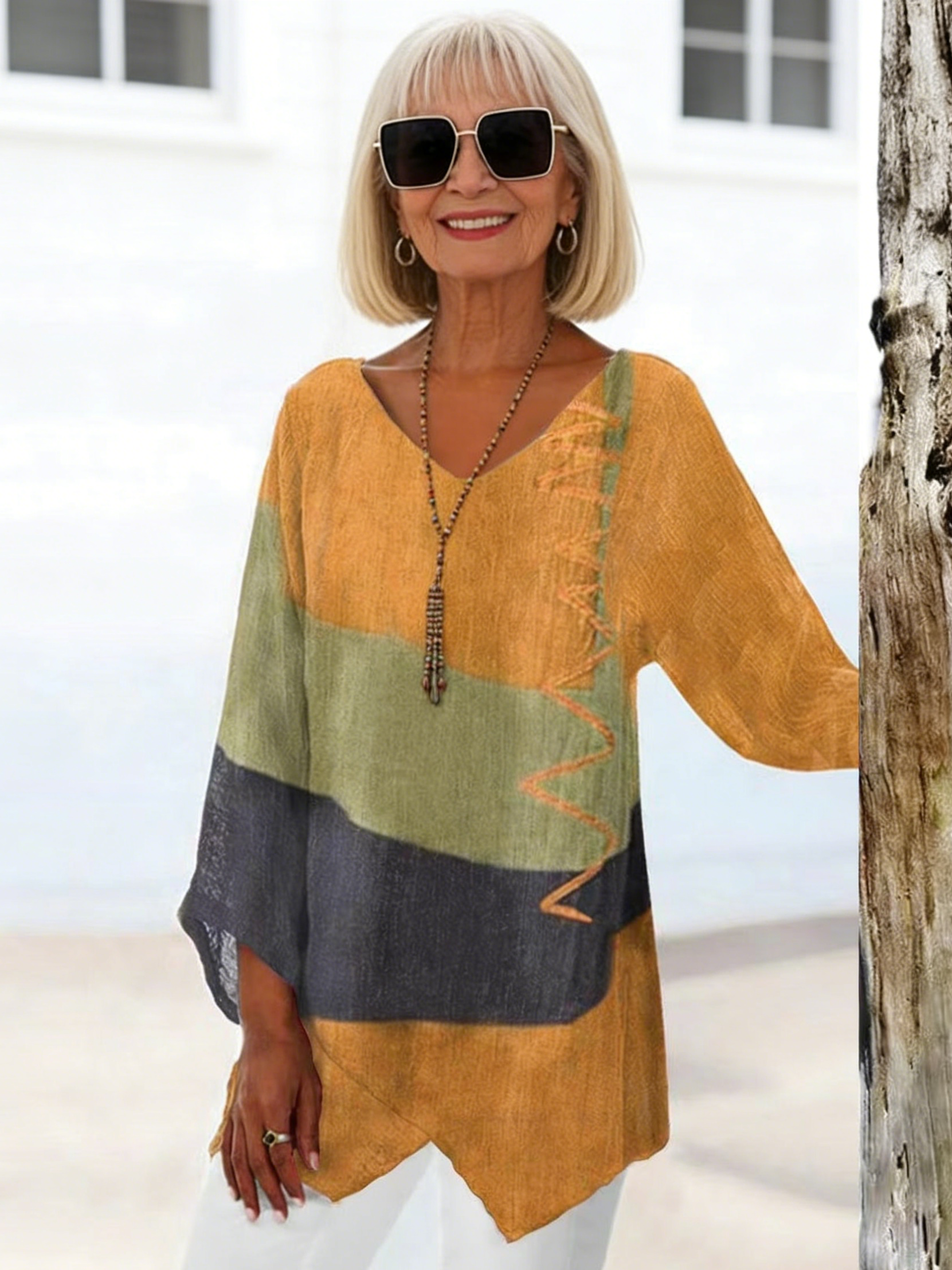 Casual Loose V-neck Irregular Hem Art Print Long Sleeve Tops