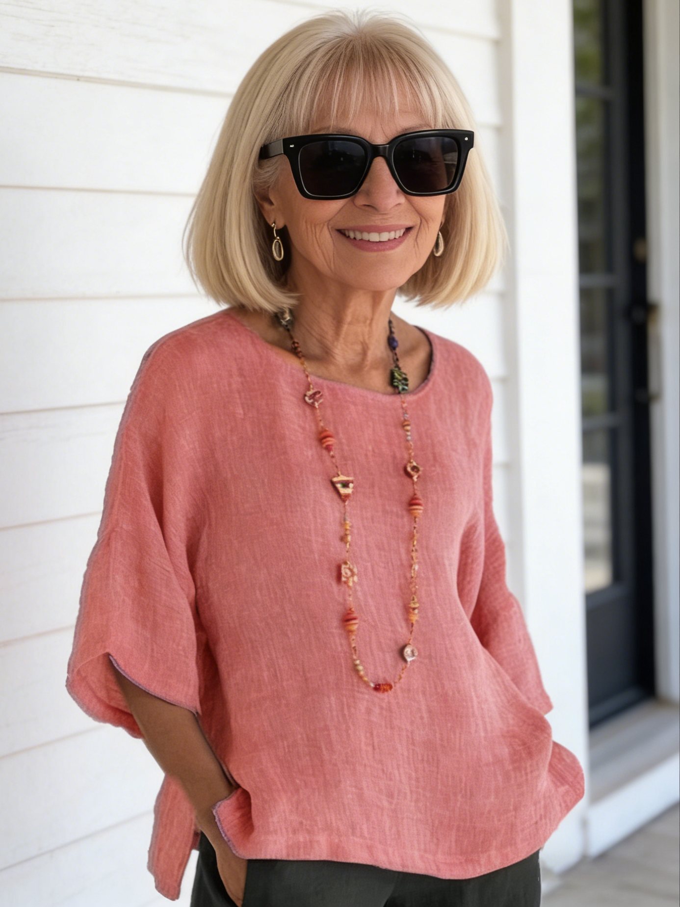 Three-Quarter Sleeve Round Neck Cotton and Linen Shirt