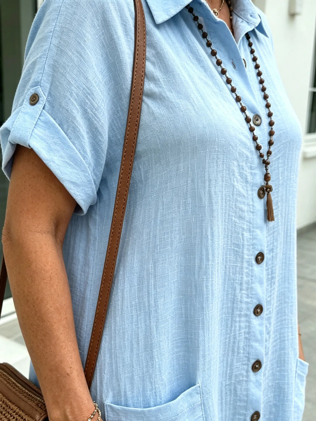 Solid Color Shirt Dress Simple, Made of Breathable, Featuring a Lapel Collar and Orderly Button Arrangement That Adds a Vintage Charm