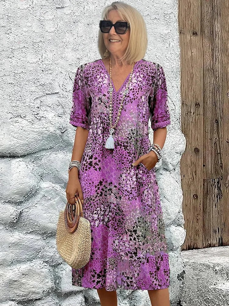 Vacation DRESS Women's Short Sleeve Summer Leopard Lace Dress V Neck Daily Going Out Casual Knee Length A-Line Khaki