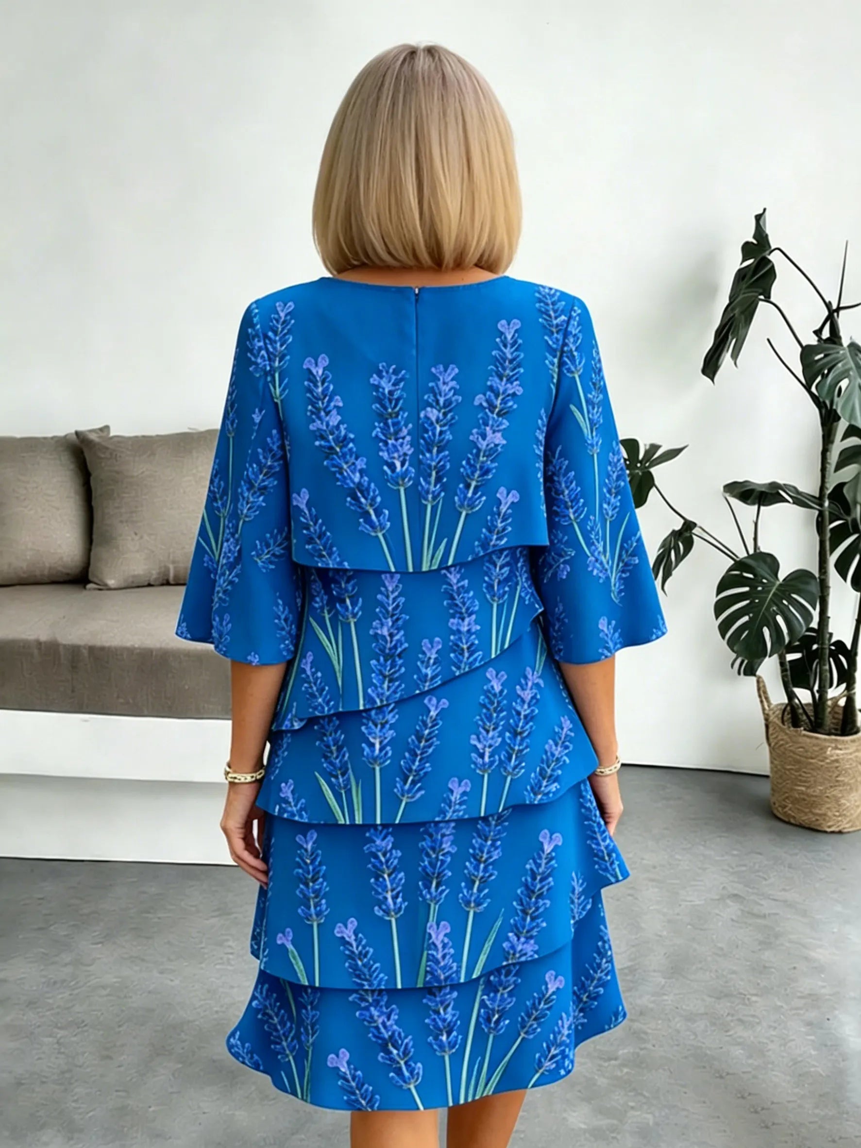 Lavender Chiffon Vacation Prints Color Round Neck Cake Skirt Splicing Dress Mid-length