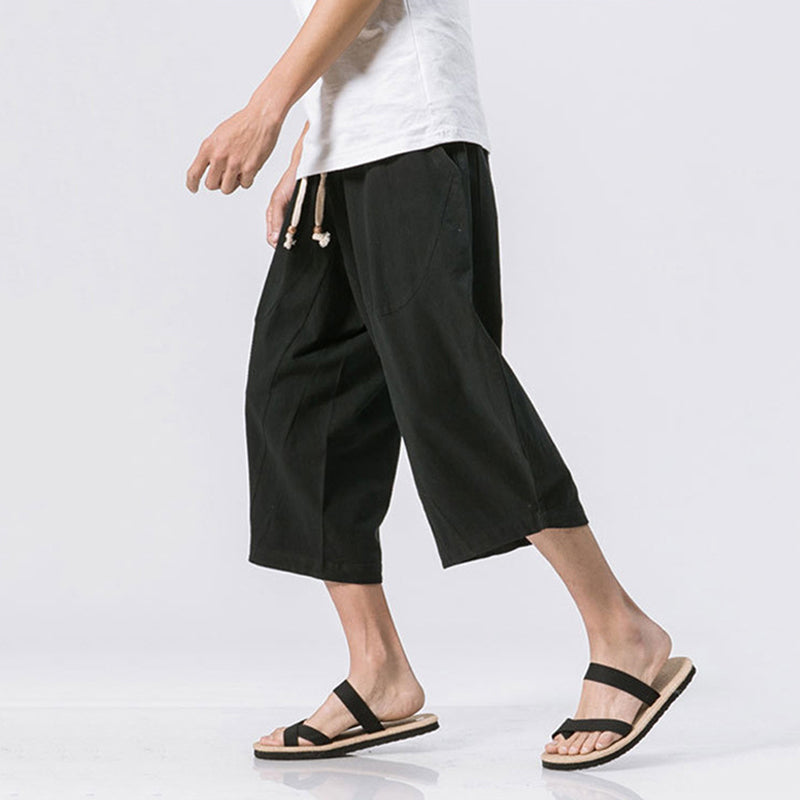 Men's Vintage Japanese Pocket Cotton Linen Casual Capri Pants