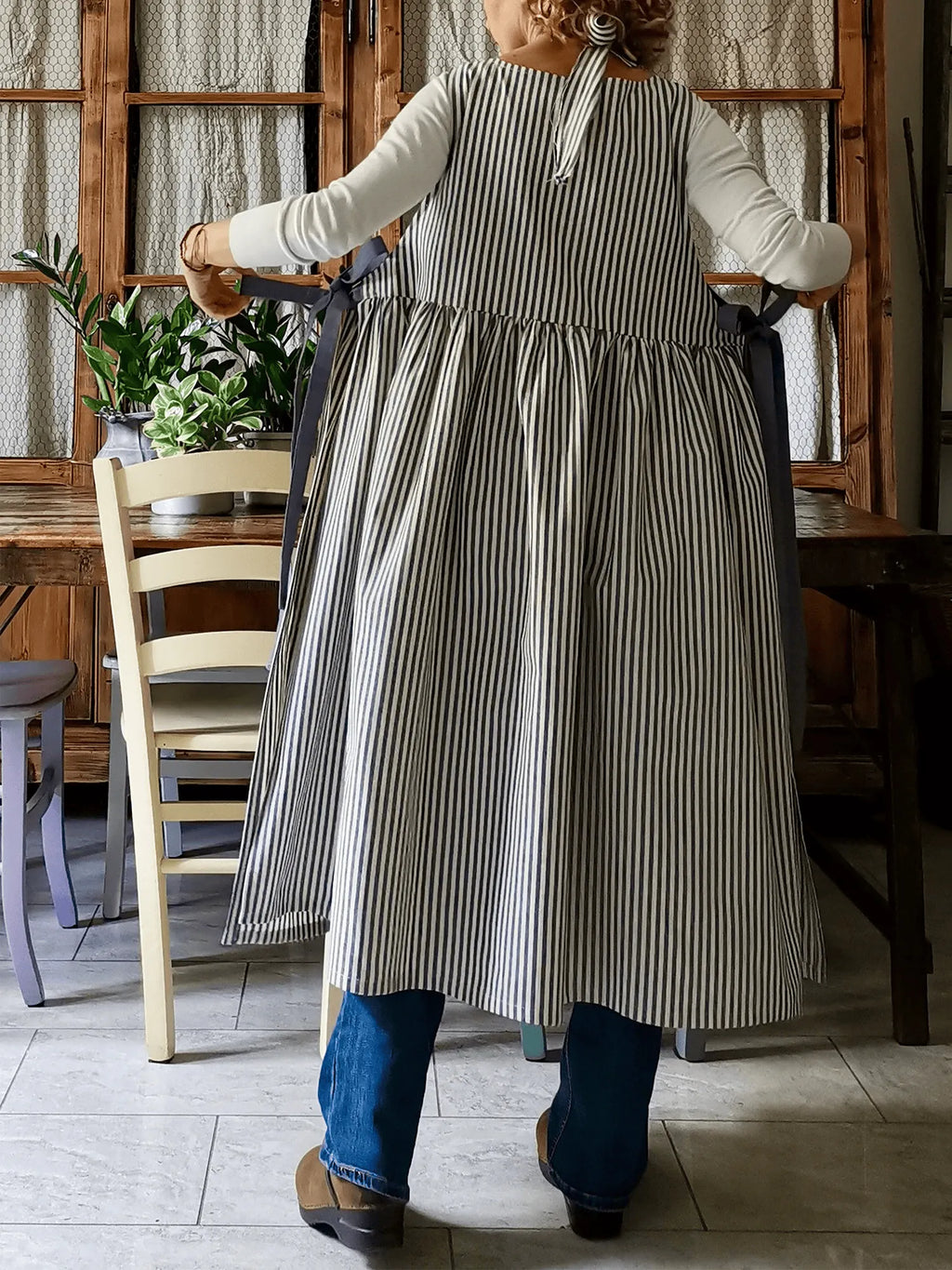 Kitchen Apron for Women in Blue Striped Cotton