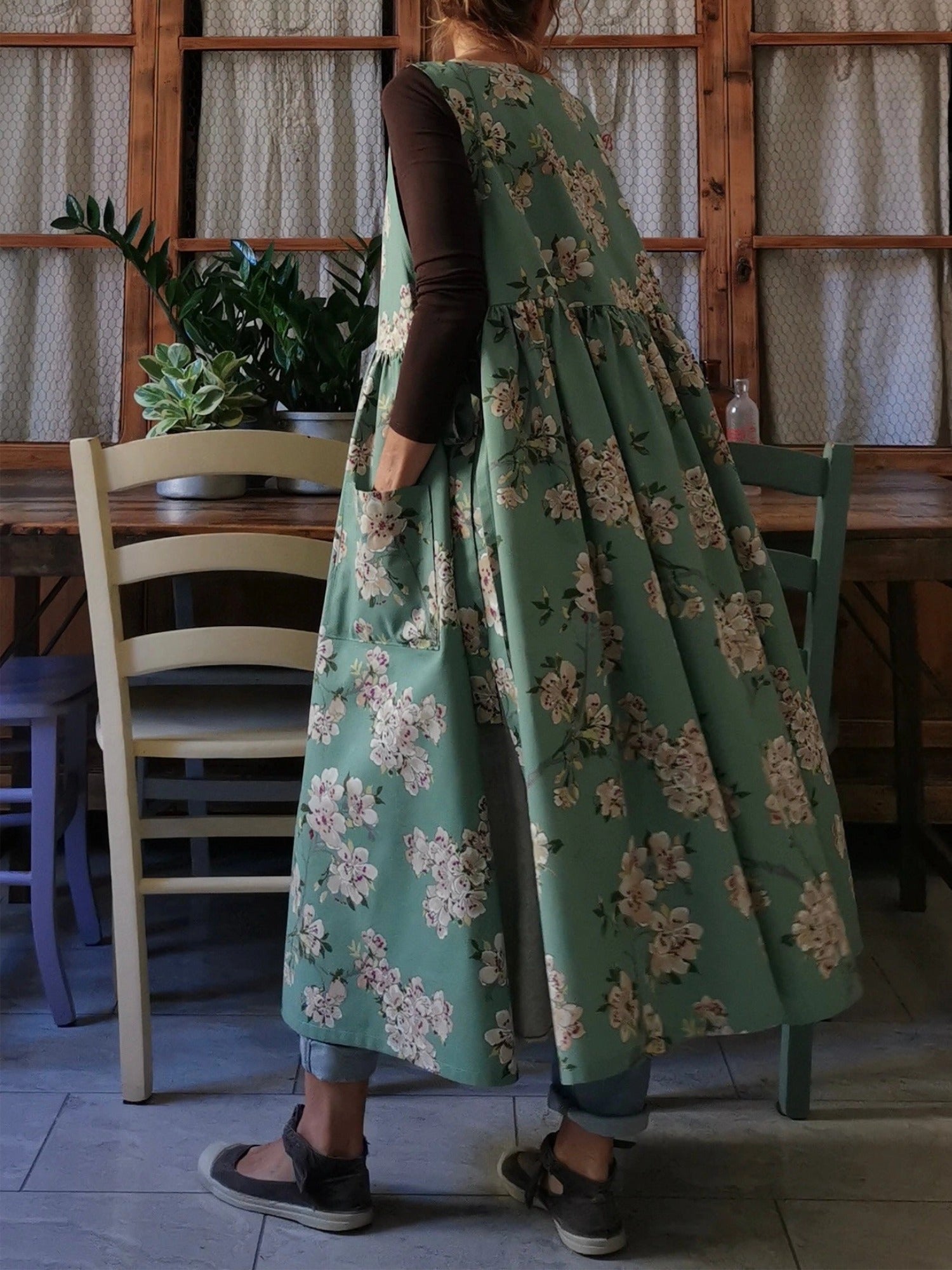 Green Apron with Peach Blossoms