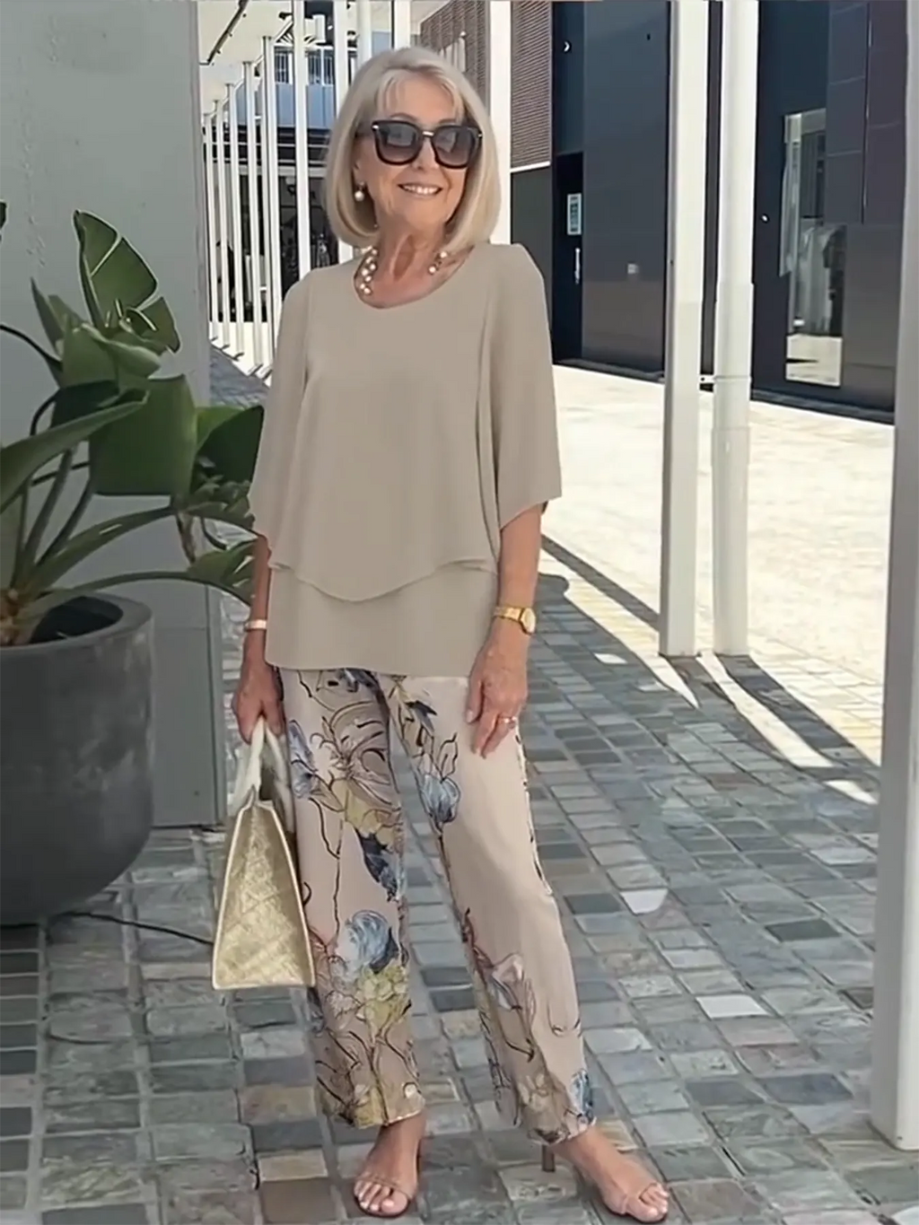 Casual Crew Neck Medium Sleeve Top Printed Floral Pants Set Two-piece Set