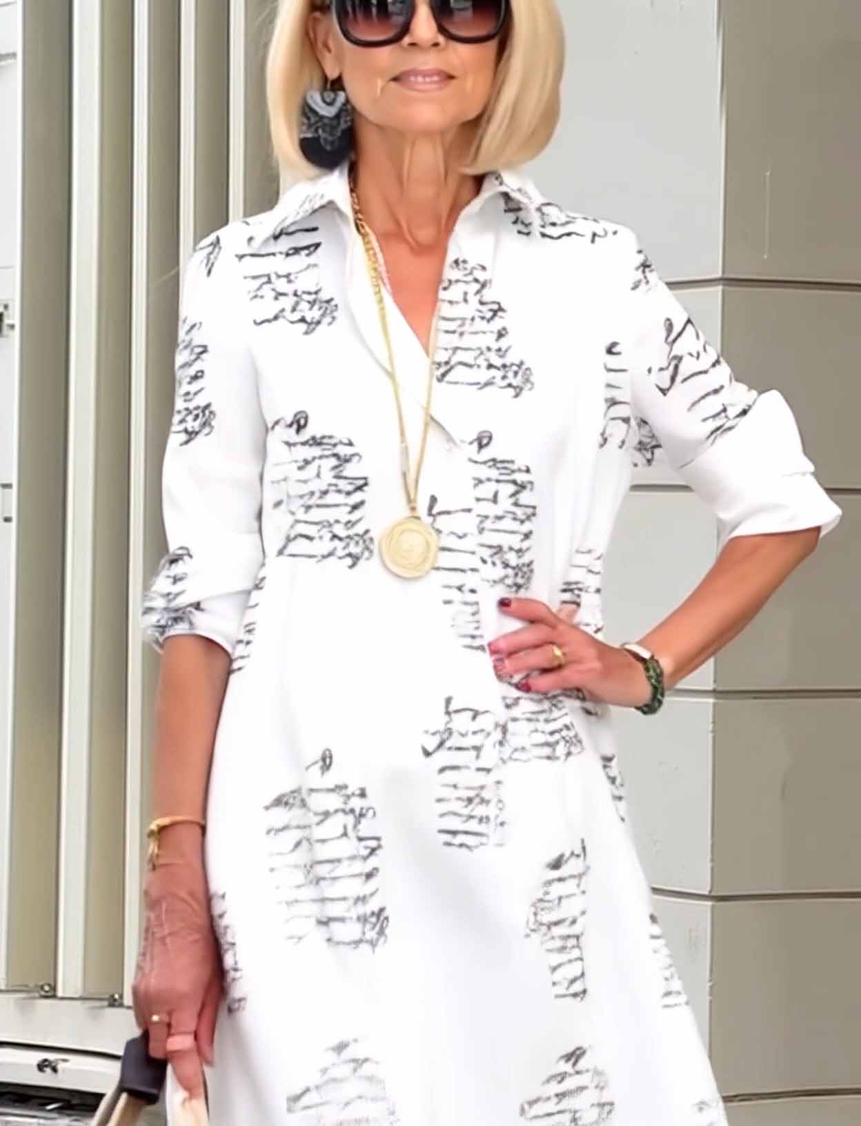 Casual Side Pockets Letter Printed Shirt Dress