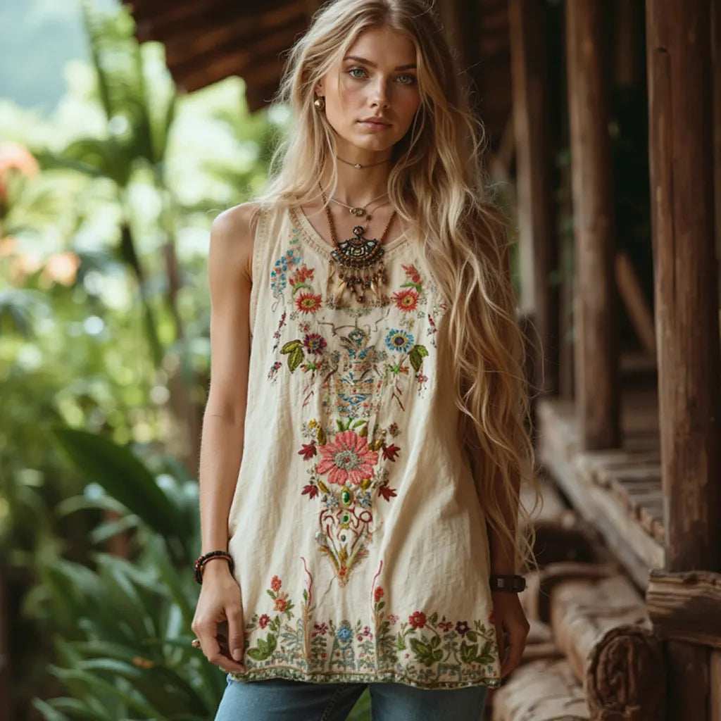 Women's Bohemian Vintage Floral Embroidery Art Tank Top