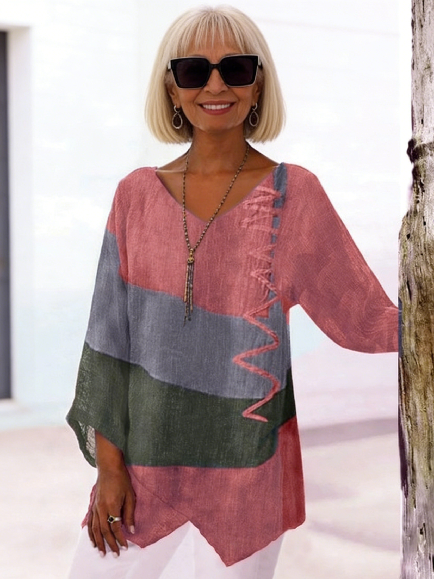 Casual Loose V-neck Irregular Hem Art Print Long Sleeve Tops