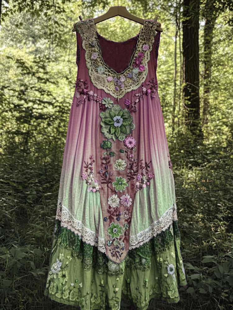 Vintage Boho Lavender Art Linen Patchwork Art Linen Tank Dress