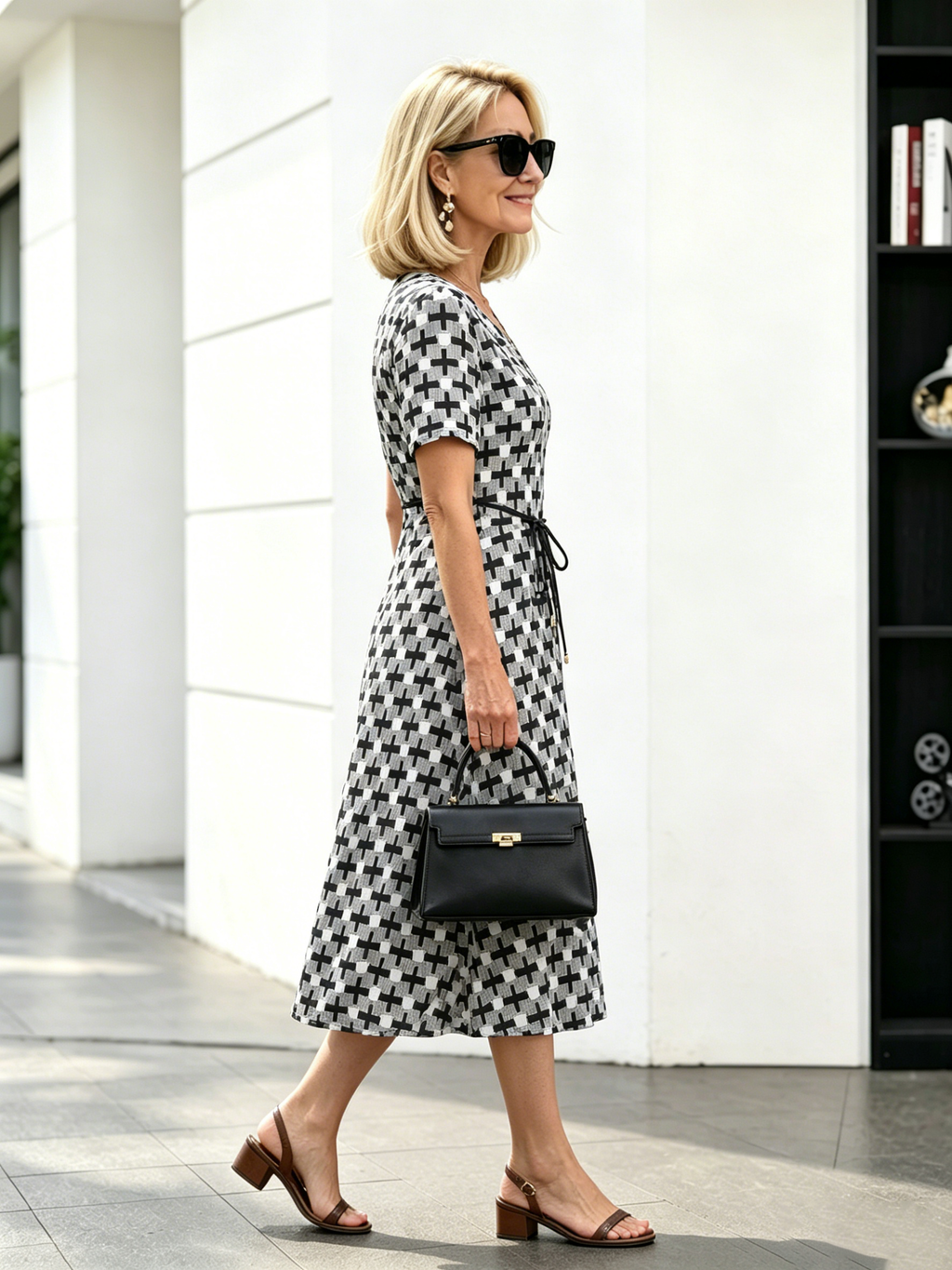 Orange Floral V-Neck Midi Dress, Short Sleeve Elastic Waist Slimming Temperament Long Dress for Mature Women