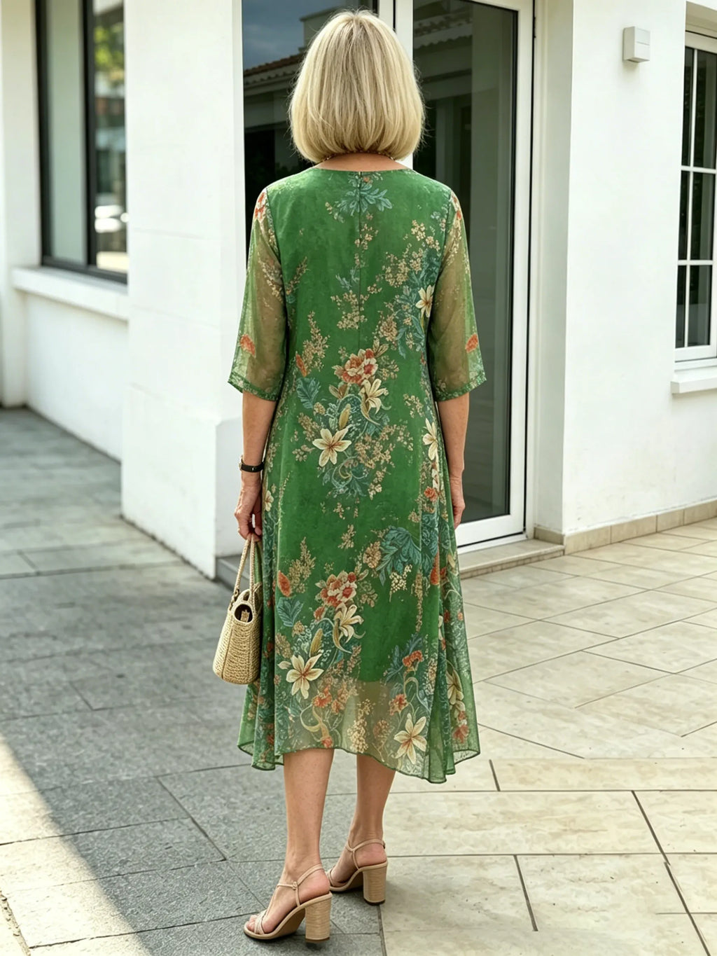 Black Floral Chiffon Midi Dress, Loose Tummy Hiding 3/4 Sleeve Printed Dress for Mature Women