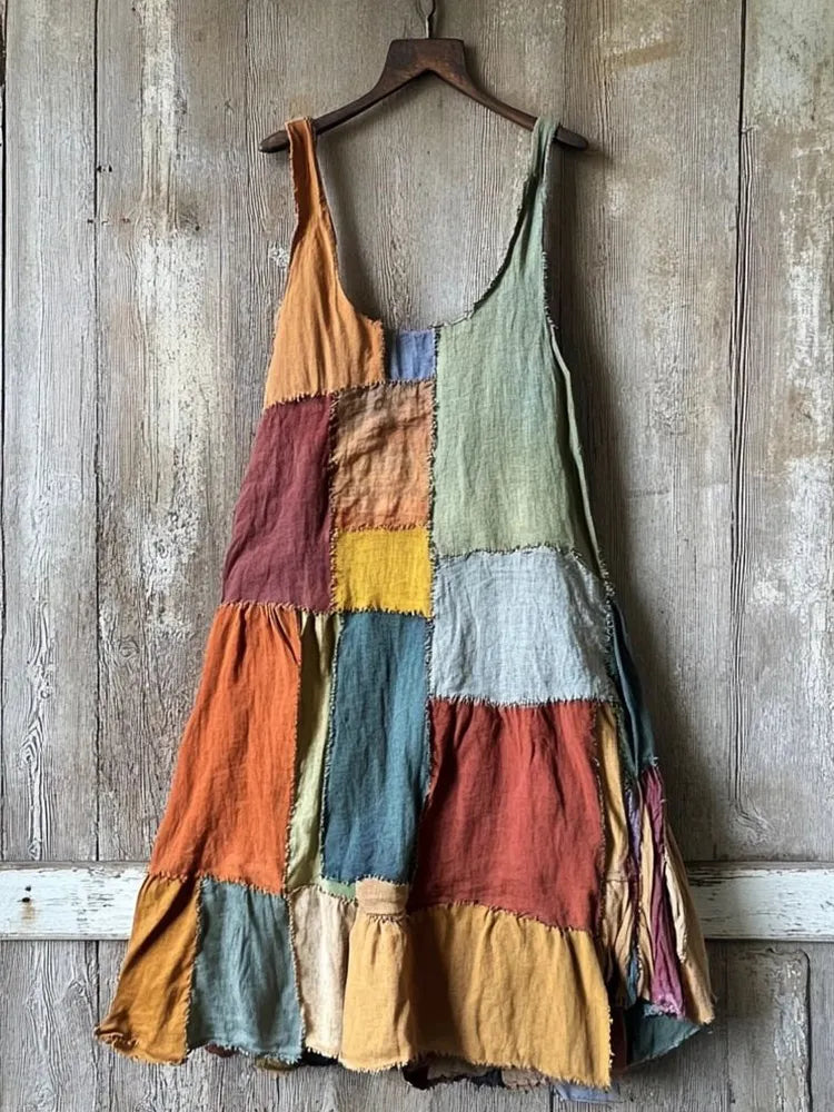 Multicolor Patchwork Linen Blend Midi Dress