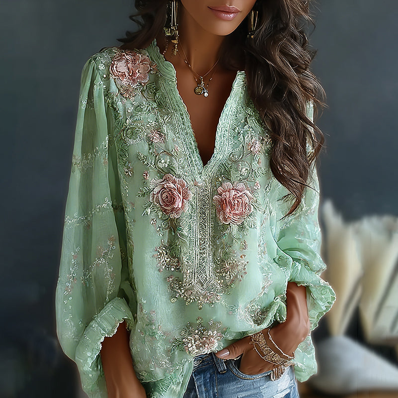 Women's Vintage Spring Floral Embroidered Art Print Flowy Linen Blend Casual Tops