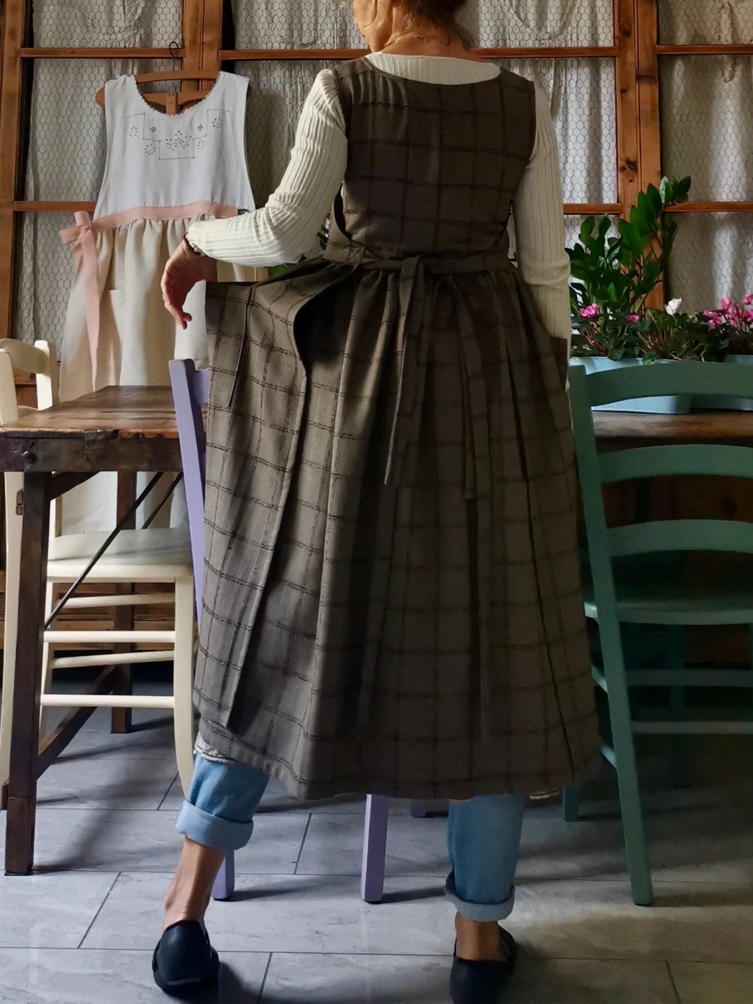 Brown Tartan Apron with Pockets