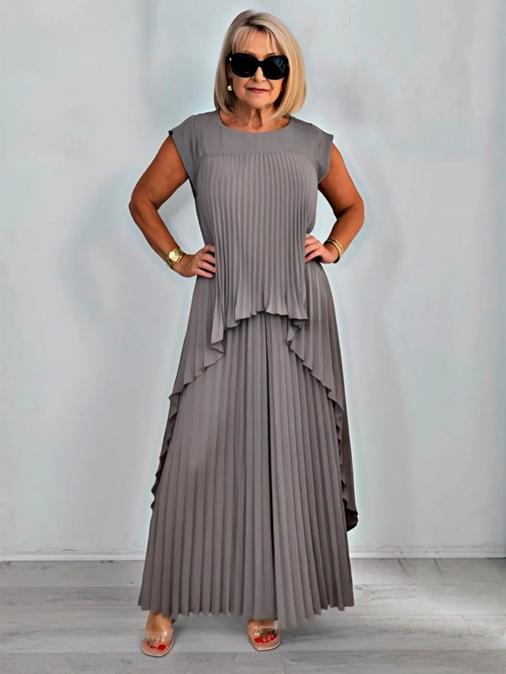 2Pcs Crew Neck Solid Color Sleeve Top Pleated Straight Pants Set Two-piece Set