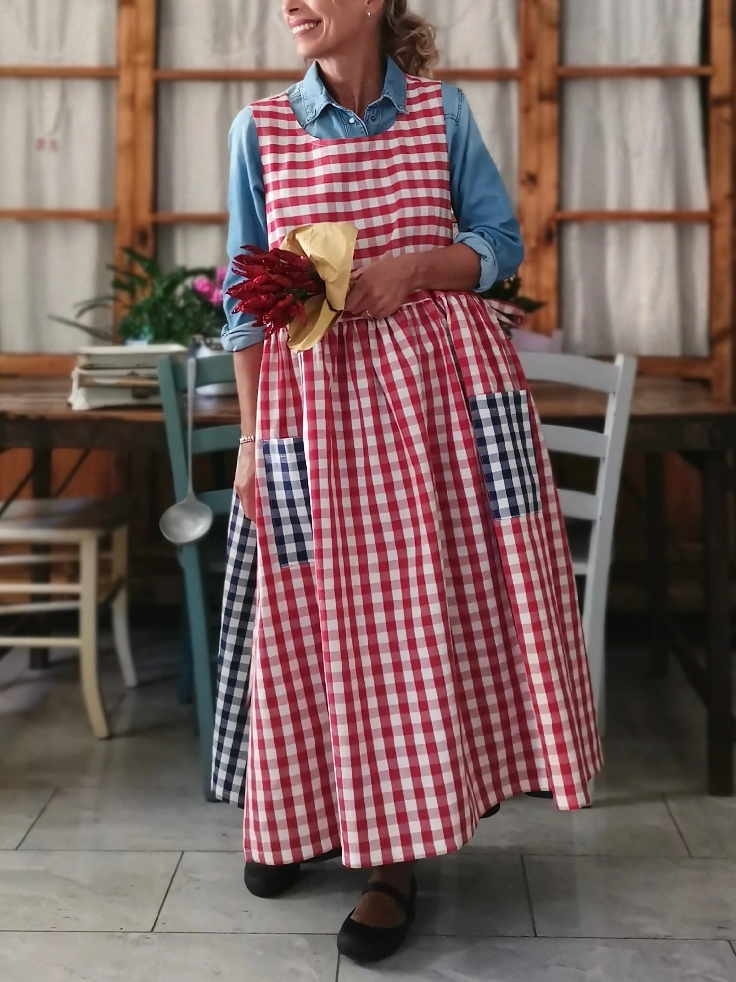 Patchwork Apron with Blue and Red Checks