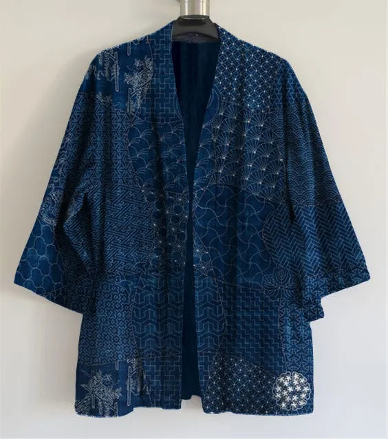 Japanese Traditional Sashiko Art Linen Blend Kimono Cardigan