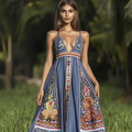 Retro Ethnic Geometric Art Denim Suspenders Deep V Dress