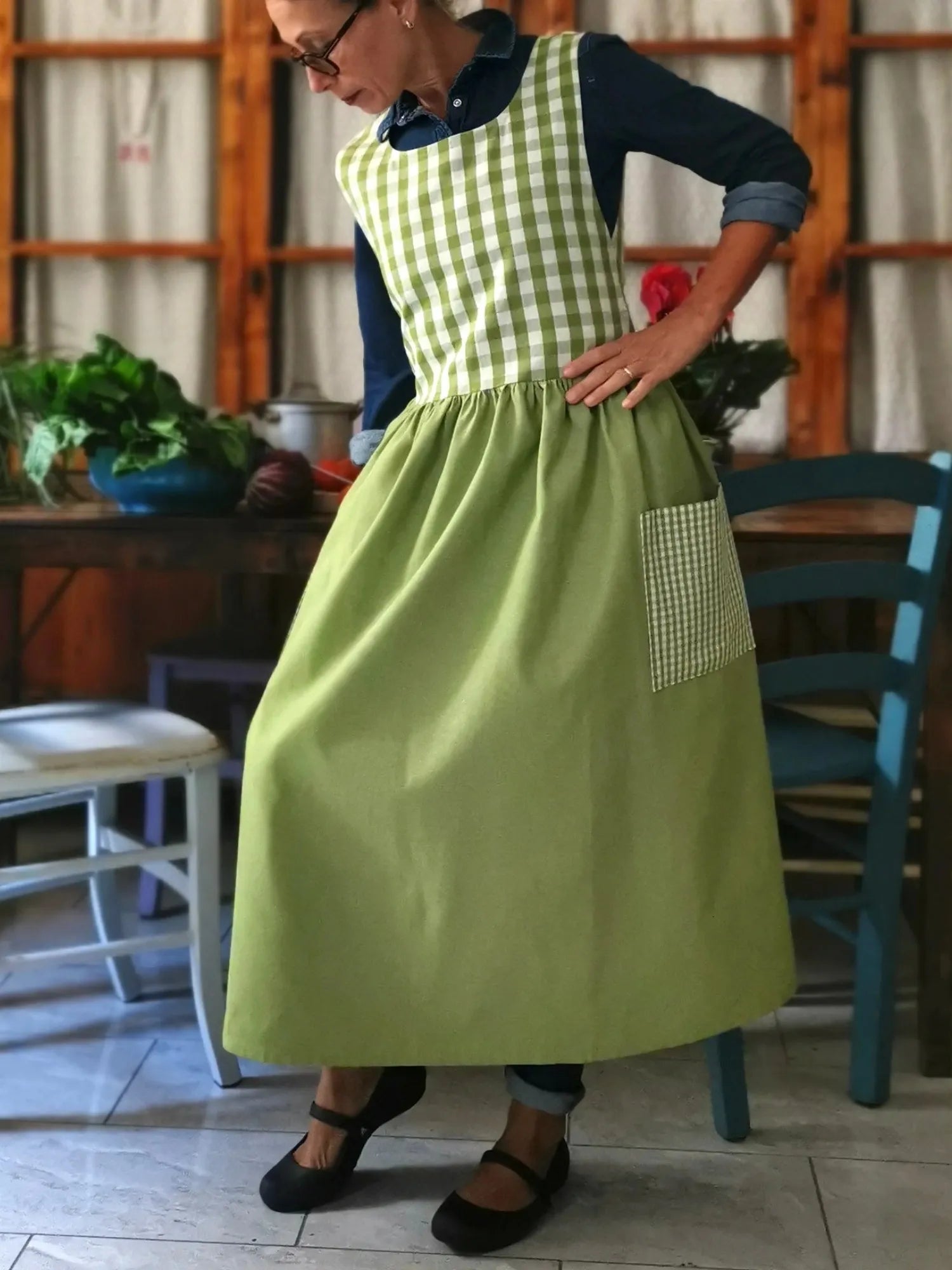 Kiwi Green Patchwork Cotton Apron