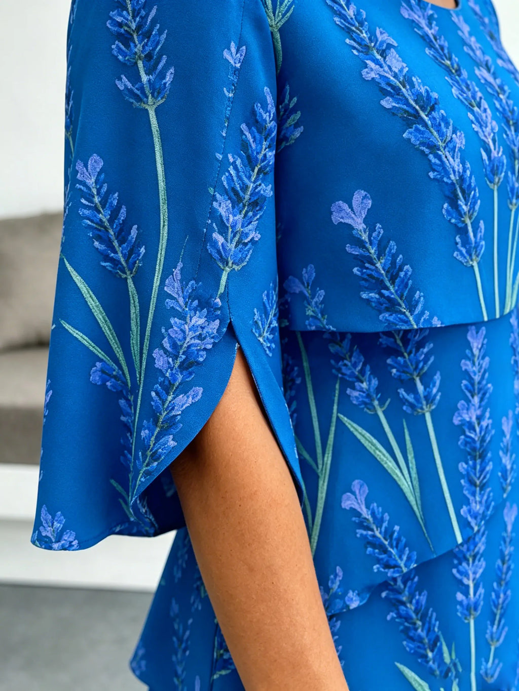 Lavender Chiffon Vacation Prints Color Round Neck Cake Skirt Splicing Dress Mid-length