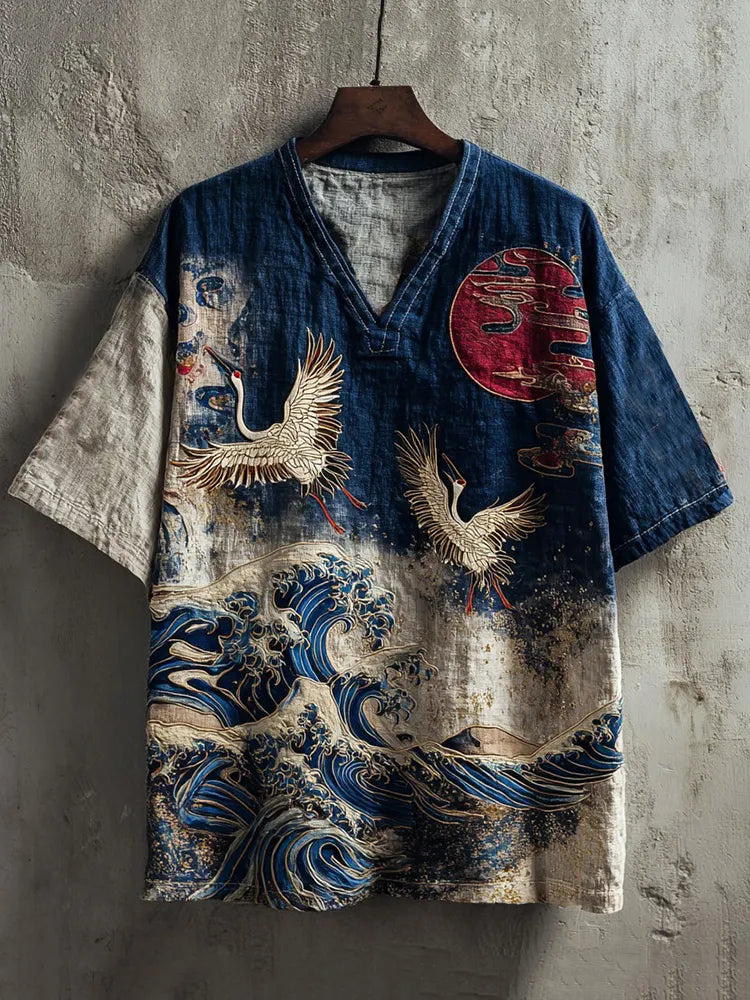 Japanese Pine And Waves Embroidered V-neck Linen Shirt