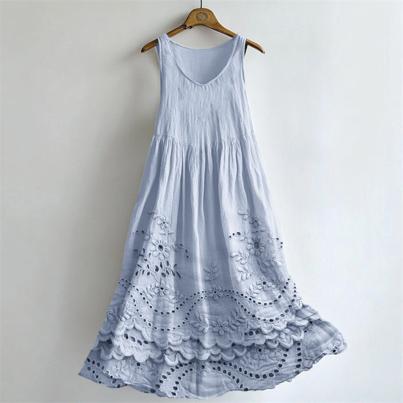 Cottage Floral Lace Embroidered Flowy Linen Tank Dress