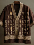 Vintage Geometric Text Art Linen V-neck Shirt