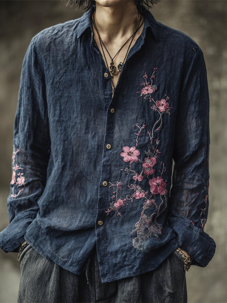 Vintage Japanese Sakura Embroidery Men's Linen Long Sleeve Shirt